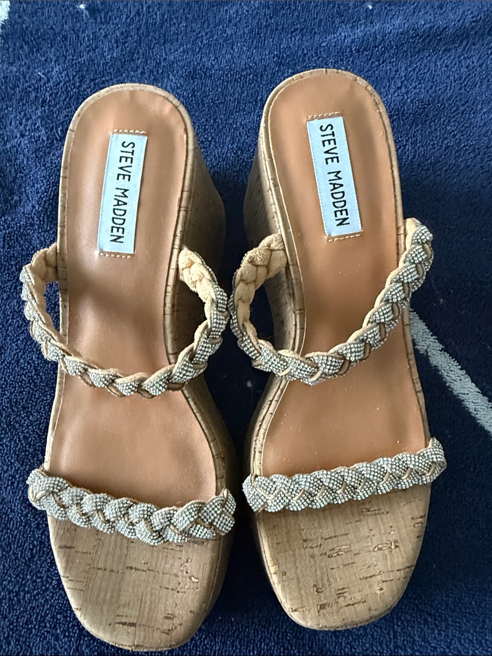 Steve Madden “Danya” Rhinestone Cork Wedge Sandals size 8M. NWOB